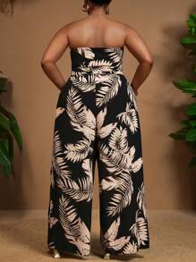 SHEIN CURVE+ مجموعة قطعتين من ملابس علوية كروب مطبوعة بنباتات استوائية مع عقدة وبنطلون واسع الساق لمقاسات كبيرة، ملابس للعطلات، منحنيات زائدة، بوهيمي للعطلات، ملابس عطلات شاطئية للمرأة/فستان شاطئي/ملابس عطلات شاطئية/أساسيات شاطئية/تخرج/فستان حفلة الشاي/صيف/ريفي/ملابس عطلات شاطئية/ملابس شاطئية/ملابس شاطئية