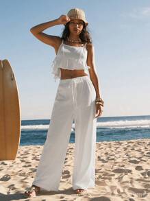 Easelle 2 pezzi/Set Donna Canotta senza schienale annodata e pantaloni lunghi tinta unita, Outfit casual vacanza Ibiza