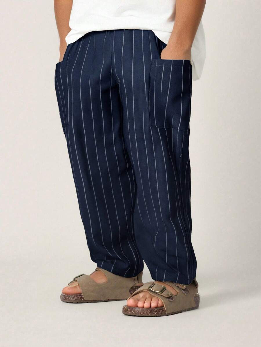 SHEIN Young Boys Casual Comfortable Versatile Striped Straight Leg Pants - Navy Blue - View 1