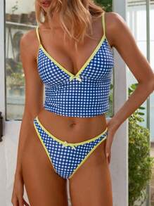 Swim Mod 2 件套 - 女士夏季格子吊带露背蝴蝶结短款上衣和比基尼泳裤沙滩泳衣 - 藍色 - 查看 4