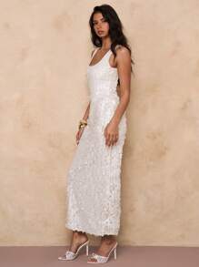 SHEIN BAE Women's Plain Color Sequin Square Neck Sleeveless Dress White Dresses For Women - White - View 5