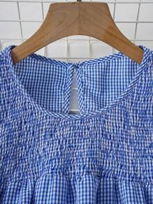 SHEIN LUNE 全新法式设计复古甜美短袖格子修身宽松休闲复古黑白格子女式衬衫 - 藍色 - 查看 5