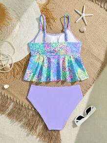 Tween Girl Colorful Leopard Print Ruffled Twist Tankini Swimsuit Set,Suitable For Summer Beach, Vacation, Swimming - Multicolor - View 2