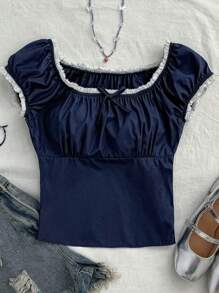 Teen Girls Blue Color Block Shoulder, Chest Ruched, Fitted, Casual, Collegiate, Woven Blouse, Versatile Shirt