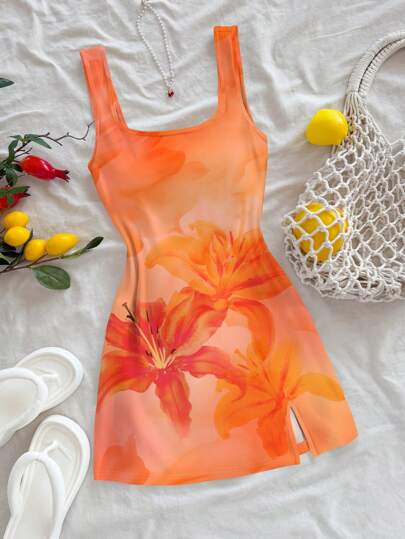 Soleia 休闲度假风格橙色芙蓉热带花卉印花 U 领露背迷你连衣裙，适合夏季海滩度假