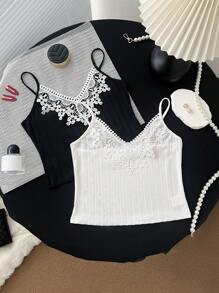 2 pièces Ensemble Top de Pyjama Femme Débardeur en Dentelle Contrastante