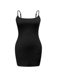 INAWLY Plus Size Summer Casual Versatile Solid Color Fitted Slip Dress - Black - View 4