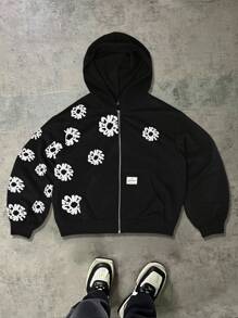 Manfinity EMRG Plus Size Men's Floral Print Zip-Up Hoodie Sweatshirt, Fall