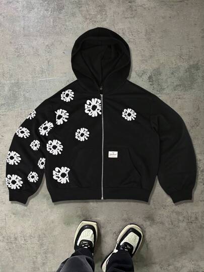 Manfinity EMRG Plus Size Men's Floral Print Zip-Up Hoodie Sweatshirt, Fall