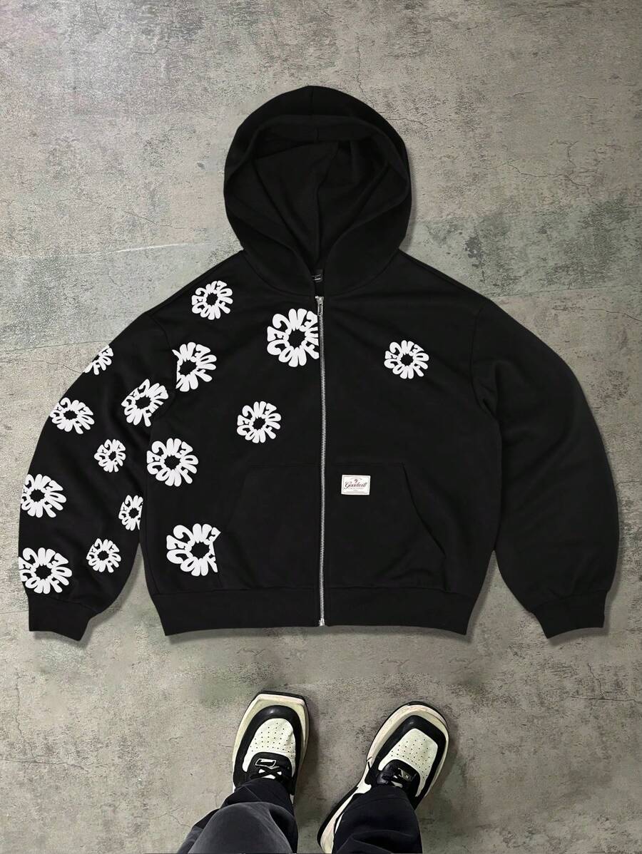 Manfinity EMRG Plus Size Men's Floral Print Zip-Up Hoodie Sweatshirt, Fall