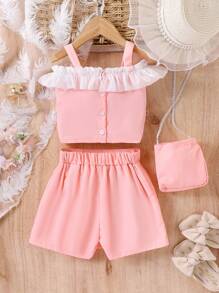 SHEIN Ensemble pour jeune fille de style français doux : débardeur avec nœud décoratif, jupe short asymétrique assortie, et mini sac bandoulière avec détails floraux 3D - Rose bonbon - Voir 2