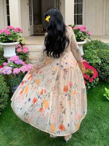 DAZY Vestido de manga farol con cuello en V y estampado floral diminuto, estilo resort, vestido de manga larga para otoño