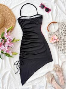 SHEIN Teen Girls Black Knitted Flower And Shell Print Halterneck Gathered Asymmetrical Hem,Floral Print Halter Tie Front Ruched Casual Dress, Minimalist Fashion Suitable For Summer,Summer Clothes,Sun Dress,Vacation Dress