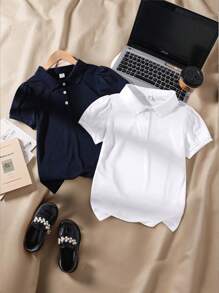 SHEIN T-shirt blu con colletto Judy per ragazza tween, 2 pezzi a tinta unita a maniche corte, moda stile 3D semplice, adatti per uscite primaverili/estive, vacanze, viaggi, uso domestico e sport casual