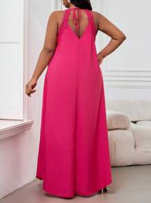 SHEIN Lady Vestidos largos asimétricos de encaje contrastante, floreados y holgados con escote halter en estilo boho elegante, para mujer, ideales para primavera, verano, playa y vacaciones. - Rosa Fucsia - Ver 2