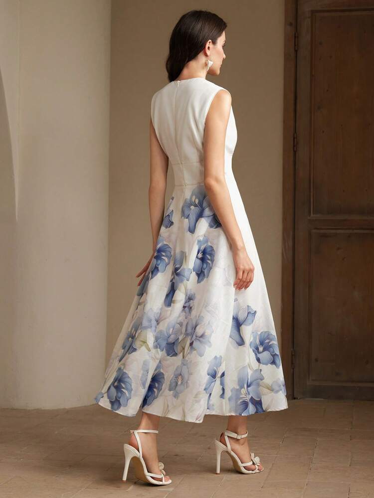 Floral Print V-Neck Sleeveless Midi Dress, French Design