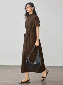 Dazy-Less Vestido casual holgado de manga corta con cuello en V y largo midi con bolsillos grandes y cintura con cordón para mujer, estilo de cargo para mujer de negocios casuales