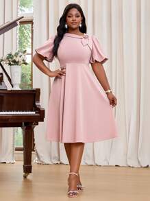 Fleurora 春夏优雅婚礼鸡尾酒会音乐会/音乐节粉色针织纹理不对称领口不对称领口喇叭泡泡袖3D玫瑰中长短袖大码连衣裙女士夏季服装女士夏季连衣裙婚礼宾客礼服女士夏季连衣裙女士正式礼服女士生日礼服女士夏季服装音乐会服装女士节日服装女士狂欢服装女士服装夏季大码夏季服装茶会服装节日音乐会生日和活动礼服婚纱 - 藕粉色 - 查看 6