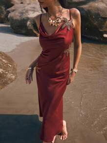 Poéselle 棕色连衣裙，缎面长裙，海星刺绣装饰吊带裙，摇领设计，女士沙滩装，派对女装，鸡尾酒会，女士度假装，女士毕业礼服，女士长裙，时尚夏季女士连衣裙生日女士夏装 - 棕色 - 查看 1