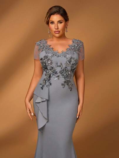 Serin 加大码夏季优雅华丽深灰色深 V 领盖袖奢华亮片贴花设计修身鱼尾低开衩拼接不对称褶边适合晚餐单身派对约会节日音乐节婚礼活动新娘母亲礼服