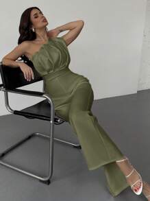 Firerie 情人节新款优雅简约通勤白色连体裤，3D结构褶皱设计，无袖收腰，修身版型 - 軍綠色 - 查看 6