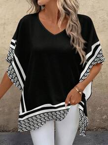 Women's Casual Minimalist Loose V-Neck Spliced Web Shirt, Suitable For Summer - Multicolor - View 4