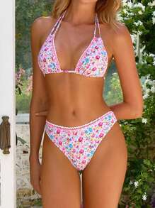 Swim Mod Women's Summer Beach New Random Print Tankini 2 Pieces Swimwear Bikini With Floral Print Trim