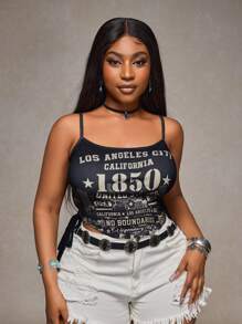 Slaydiva 2025 New Spring/Summer Plus Size Women Streetwear/Party/Music Festival/Retro Western Vacation/Road Trip/Casual Holiday Fitted Black Graphic Letter Cut-Out Tie-Up Asymmetric Hem Cropped Tank Top