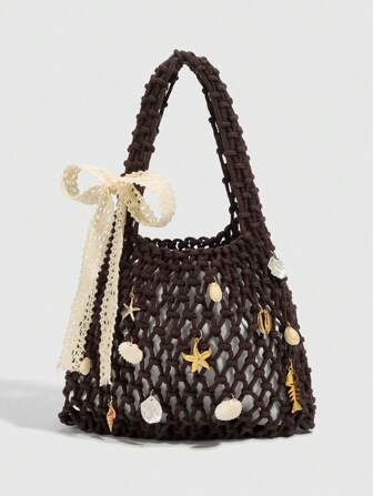 Fairycore 1 Set braune Seestern & Seeschalen gewebte Strandtasche mit Zubehör, personalisierte Mode-Strandtasche für Damen für den Urlaub (enthält 1 Tasche und 1 Set Zubehör)