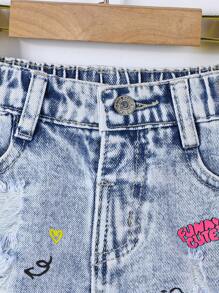 Denim Look Young Girls Casual Urban Style Light Wash Printed Ripped Elastic Waist Button Front Shorts - Light Wash - View 4
