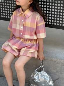 Dazy Kids 2 pièces/Set Chemise à manches courtes boutonnée à carreaux et short assorti pour jeune fille, tenues d'été pour filles