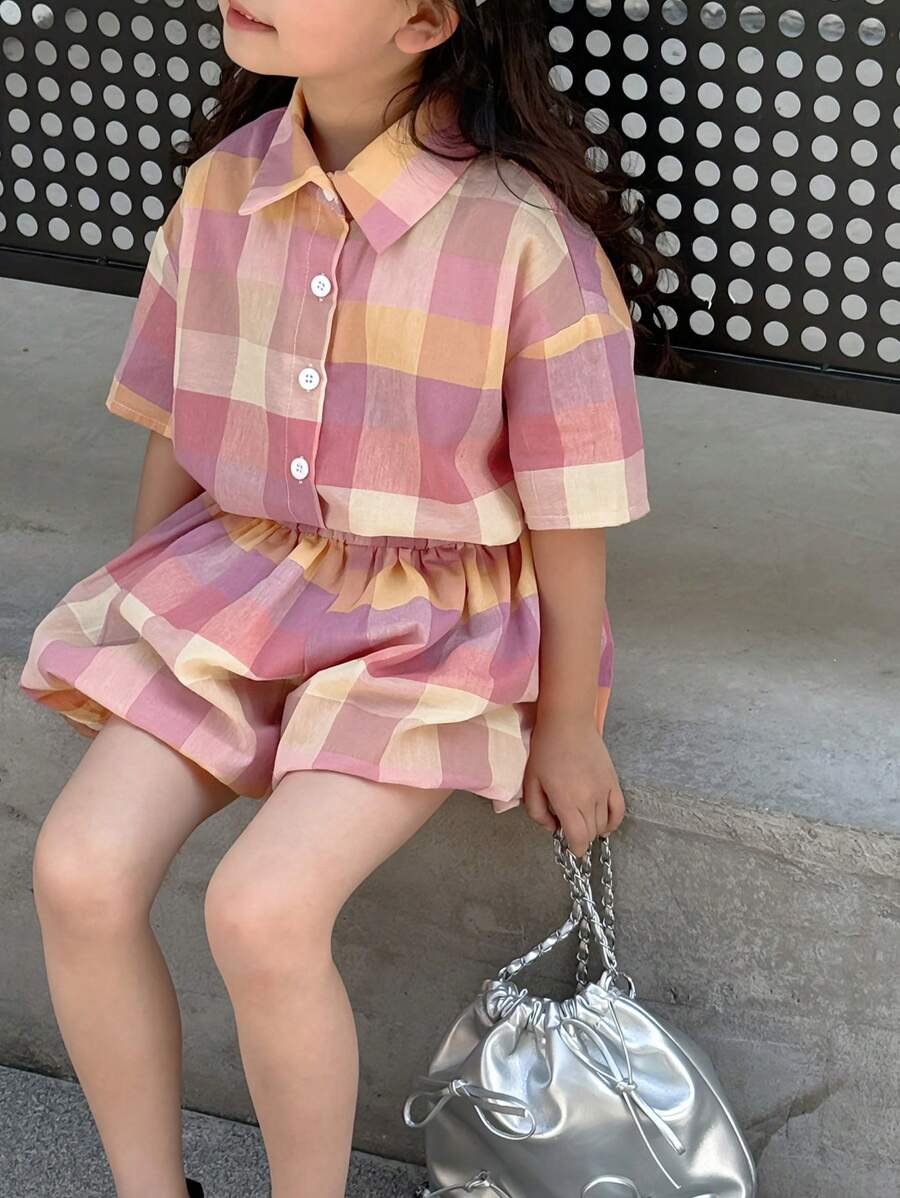 Dazy Kids 2 pièces/Set Chemise à manches courtes boutonnée à carreaux et short assorti pour jeune fille, tenues d'été pour filles