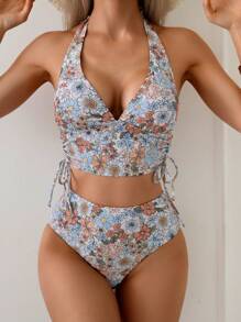 SHEIN Swim Women 2 Pieces Set: Random Floral Print V-Neck Spaghetti Strap Tie-Side Drawstring High-Waist Bikini Bottom And Casual Minimalist Vacation Spaghetti Strap Tank Top For Summer - Multicolor - View 5