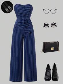 Tween 女童休闲优雅简约宽松连体裤，配有可调节隐形肩带，适合通勤、外出、街头风格 - 藏蓝色 - 查看 2