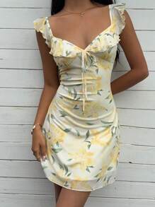 SHEIN EZwear 女士休闲花卉印花迷你连衣裙，夏季 - 黃色 - 查看 4