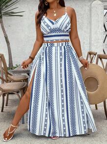 SHEIN VCAY 2pcs Plus Size Spaghetti Strap Top And Skirt Set, Fashionable For Summer,Vacation Outfits Woman,2 Piece Summer Outfit
