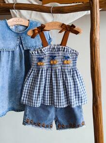 Vintaside Kids Bộ đồ liền thân kẻ sọc xanh trắng mùa hè cho bé gái và quần short denim, họa tiết thêu hoa tươi, kiểu dáng rộng rãi, phù hợp đi biển, thường ngày, công viên - Màu xanh lam - Xem 5