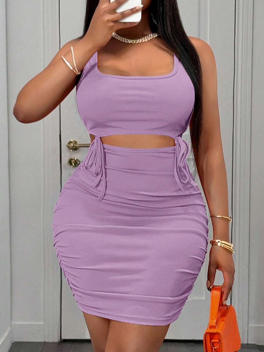 Slaydiva Sexy slim-fit lässiges gerafftes Ziehband Ausschnitt Mini-Kleid, Sommer