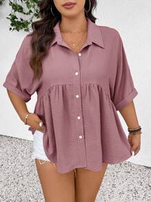 SHEIN Frenchy Women Plus Size Front Open Design Textured Fabric Comfortable Casual Short Sleeve Blouse, Suitable For Spring/Summer Women Spring Tops Summer Women Tops Elegant Women Dresses - Dusty Pink - View 5