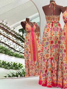 SHEIN Holidaya Vestido camisero de verano de talla grande con estampado floral y escote en V, estilo francés casual