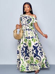 SOLERSUN Vestido de moda elegante para primavera y verano en talla grande, para usar en la oficina, con hombros ladeados, mangas cortas, falda amplia, adecuado para pasear, ir a la playa, de viaje o en citas