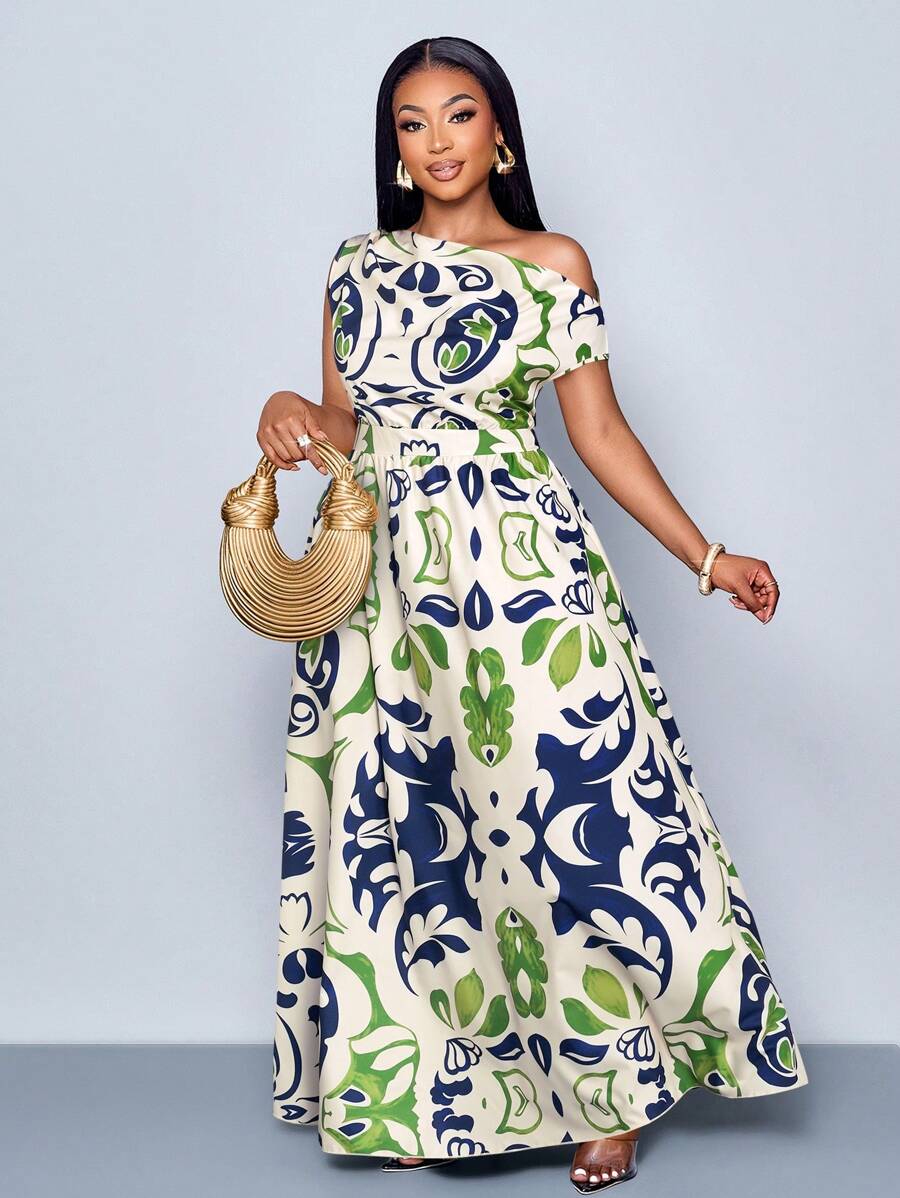 SOLERSUN Vestido de moda elegante para primavera y verano en talla grande, para usar en la oficina, con hombros ladeados, mangas cortas, falda amplia, adecuado para pasear, ir a la playa, de viaje o en citas