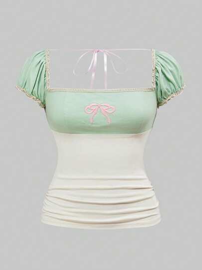 Kawaii Maglietta da donna minimalista, sexy e carina con ricamo a fiocco "Milkmaid"