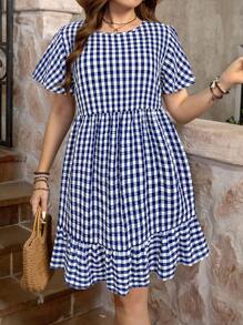 SHEIN LUNE Plus Size Summer Casual Plaid Ruffle Hem Short Sleeve Dress,Sun Dresses For Women - Navy Blue - View 5