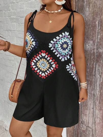 SHEIN VCAY 大码休闲撞色印花无袖连体裤