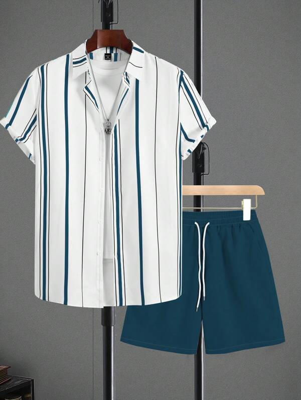 Manfinity Homme 2 Stücke Herren gestreiftes Kurzarmhemd & einfarbige Shorts Set