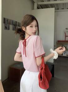 DAZY Women Stripe Casual Round Neck Short Sleeve T-Shirt, Summer Cute Tops, Back Top School - Red - View 4