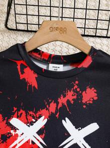 SHEIN 2pcs Tween Boy Cartoon Print Crew Neck Short Sleeve T-Shirt And Shorts Soft Comfortable Loungewear Sleepwear Set