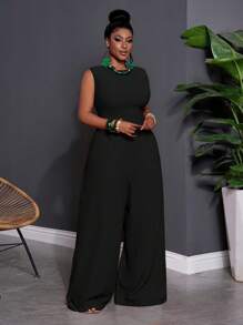 Slaydiva 早春大码女式纯色无袖连体裤 - 黑色 - 查看 5