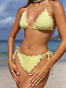 Swim Vcay 2 件套春季新款纯色贝壳边裹身式分体泳衣，可爱伪比基尼套装